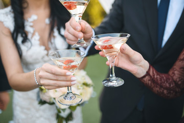 newlyweds clinking glasses with bridesmaid
