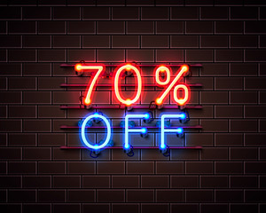 Neon 70 off text banner. Night Sign. Vector