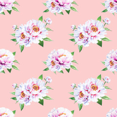 Fototapeta premium Beautiful white peony seamless pattern. Bouquet of flowers. Floral texture. Marker drawing. Watercolor painting. Wedding and birthday composition. Flower painted background. Hand drawn illustration.