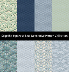 Collection of Seigaiha Japanese blue pattern. Decorative wave pattern seamless backgrounds.