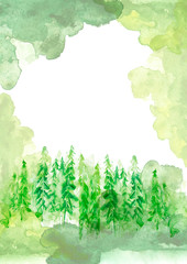 Fototapeta na wymiar Watercolor group of trees - fir, pine, cedar, fir-tree. green forest, landscape, forest landscape. Drawing on white isolated background. Misty forest in haz. Ecological poster. Watercolor painting