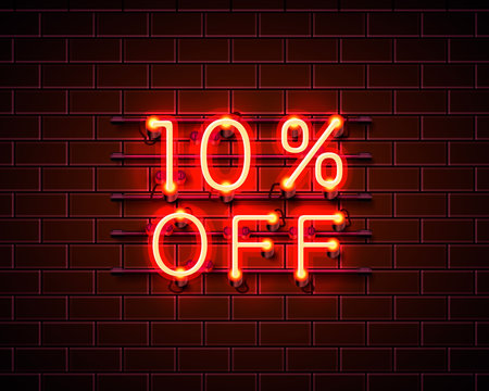 Neon 10 off text banner. Night Sign. Vector 