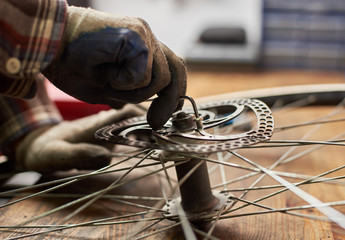 Cropped shot of male mechanic working in bicycle repair shop, worker fixing old bike's wheel using...