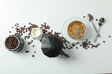 Flat lay composition with coffee time accessories on white background, space for text and top view