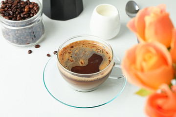 Coffee time accessories on white background, space for text. Breakfast time
