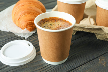 Coffee time accessories on wooden table, closeup and space for text. Break time