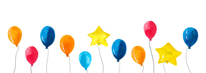 Banner Of Watercolor Air Balloons Hand Painted Balloons Isolated
