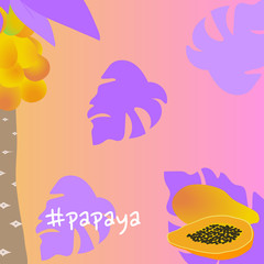 Vector food background with papaya and tropical leaves. Backdrop in trend colors for cover, design banners, wrapping paper, wallpaper, print for clothes, web.