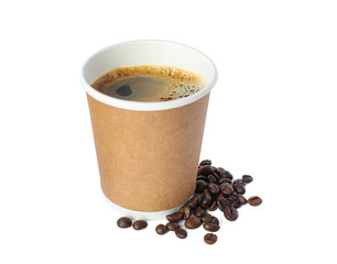 Paper glass with coffee beans isolated on white background. Coffee time accessories