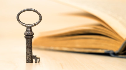 Web banner of a solution key and old book with copy space