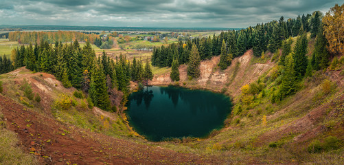 View of the deep karst lake «Sea Eye» and distance scope, Mari El, Russia