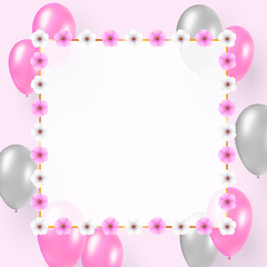 Celebration design on light background. Festive concept with flying pink and silver balloons. Transparent white empty space for the text in gold floral decorated frame.