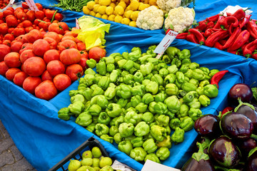 Various vegetables on the counter of an authentic bazaar