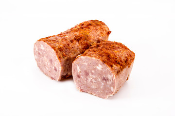 Roast pork with cheese. Cold meat on a white background.