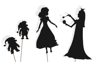 Shadow puppets of Snow White, dwarfs and Evil Queen