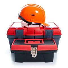 Fototapeta premium toolbox, helmet, building tools on white background isolation