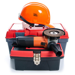 toolbox, helmet, building tools on white background isolation