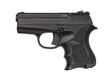 A small black modern pistol for concealed carrying isolate on a white background.