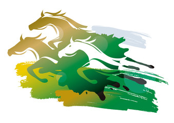 Wild Horses Running on a Meadow. Stylized colorful illustration of three runnig horses. Vector available.