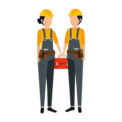 couple builders workers with helmets