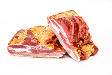 Smoked bacon . Cold meat on a white background.