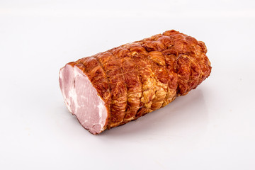 Smoked pork ham. Cold meat on a white background.