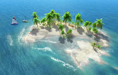 Sandy beach on a tropical island with coconut palms. Small sailboats by the shore.  - obrazy, fototapety, plakaty
