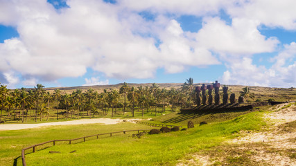 Moai of Ahu Nau Nau on the beach of Anakena on Easter Island. Rapa Nui