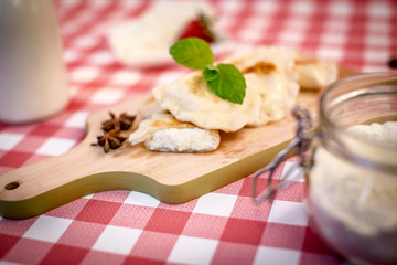Dumplings with cottage cheese. Sweet dinner, traditional meal