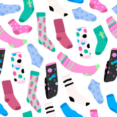 Various bright socks with different prints. High and low socks. Hand drawn vector seamless pattern. Colored trendy fashion illustration. Flat design