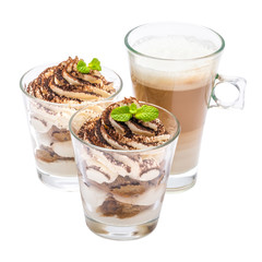 Classic tiramisu dessert in a glass and cup of coffee isolated on a white background with clipping path