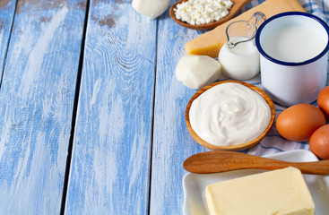 dairy products on wooden surface