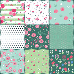Summer patchwork background with different flowers patterns for textile, gift wrap and scrapbook. Vector illustration.