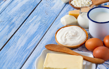dairy products on wooden surface