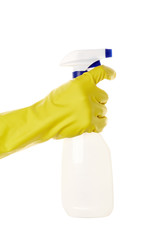 Detergents for home. Cleaning products. White blank plastic spray detergent bottle isolated on white background.