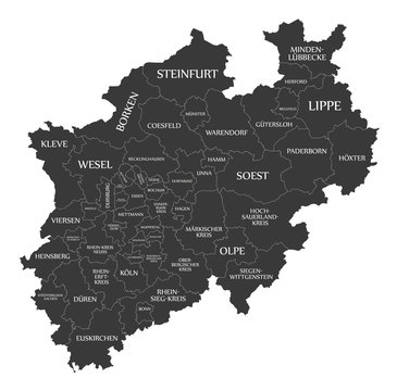 Modern Map - North Rhine-Westphalia map of Germany with counties and labels black