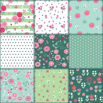 Summer patchwork background with different flowers patterns for textile, gift wrap and scrapbook. Vector illustration.
