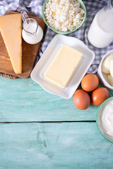dairy products on wooden surface