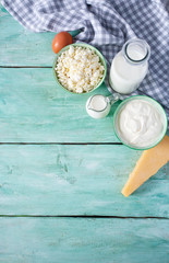 dairy products on wooden surface