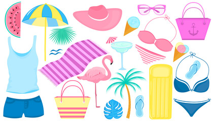 Summer set of decorative items for a beach holiday. Swimsuit, flamingo, palm tree, slices of watermelon, glasses, ice cream, inflatable lounge, cocktail, flip flops