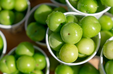 Top view of green plums or greengage in paper cup on sale in the street in Turkey, popular spring fruits with a very sharp sour taste in Iran