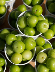 Top view of green plums or greengage in paper cup on sale in the street in Turkey, popular spring fruits with a very sharp sour taste in Iran