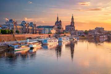 Fototapeta na wymiar Dresden, Germany. Cityscape image of Dresden, Germany with reflection of the city in the Elbe river, during sunset.