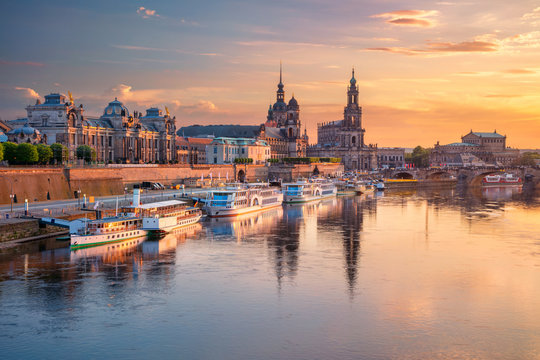Dresden, Germany. Cityscape image of Dresden, Germany with reflection of the city in the Elbe river, during sunset.