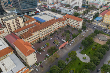 Landscape Phnompenh capital of Kingdom of Cambodia , take shot by drone on sunset