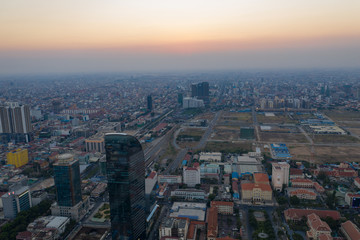 Fototapeta na wymiar Landscape Phnompenh capital of Kingdom of Cambodia , take shot by drone on sunset