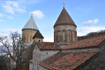 Fototapeta na wymiar Ananuri Fortress Church Roof and Steeples, Georgia