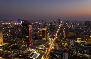 Fototapeta na wymiar Landscape Phnompenh city from drone on the night