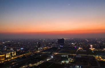 Landscape Phnompenh city from drone on the night