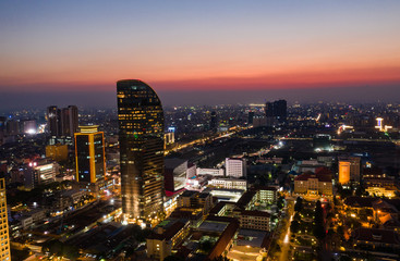 Fototapeta na wymiar Landscape Phnompenh city from drone on the night